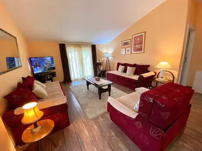 a living room with two couches and a tv at Village house Iva in Virpazar