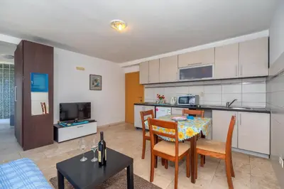 a kitchen and living room with a table and chairs at Altomare with Sea View in Petrovac na Moru