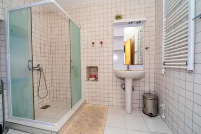 a bathroom with a shower and a sink at Altomare with Sea View in Petrovac na Moru