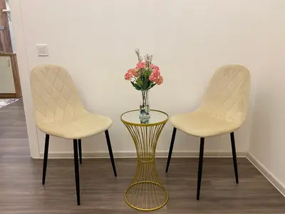 two chairs and a vase with flowers on a table at Luxury Apartments in Ulcinj