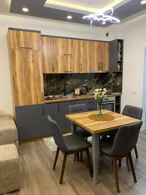 a kitchen and dining room with a wooden table and chairs at Luxury Apartments in Ulcinj