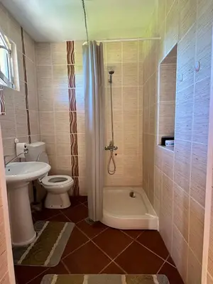 a bathroom with a toilet and a shower and a sink at Apartman Boljević in Podgorica