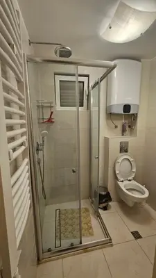 a bathroom with a shower and a toilet at Villa Lime in Petrovac na Moru