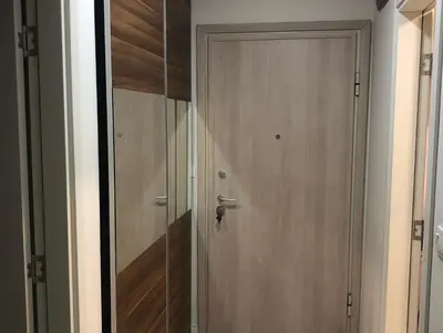 a wooden door in a room with a mirror at Stan Central point Podgorica in Podgorica