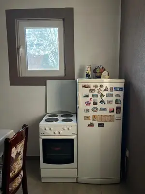 a kitchen with a white stove and a refrigerator at Bandici house in Podgorica
