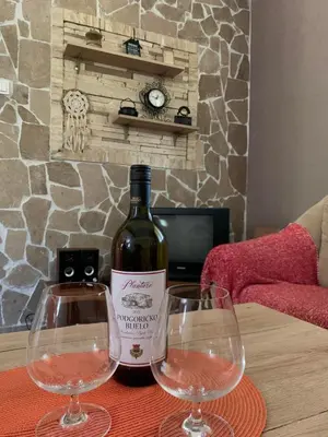 a bottle of wine and two wine glasses on a table at Bandici house in Podgorica