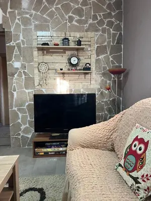 a living room with a tv and a stone fireplace at Bandici house in Podgorica