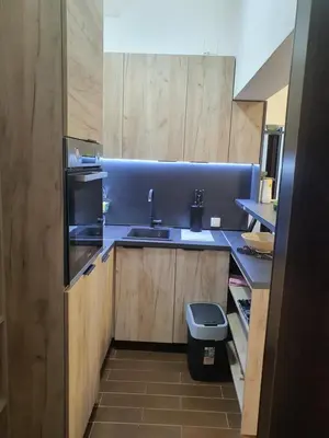 a small kitchen with a sink and a trash can at Darin in Budva