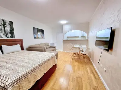 a bedroom with a bed and a living room at Becici Studio Apartment in Budva