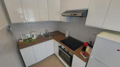 a small kitchen with a sink and a stove at Lijepo pozicioniran stan, atrakcije blizu in Podgorica