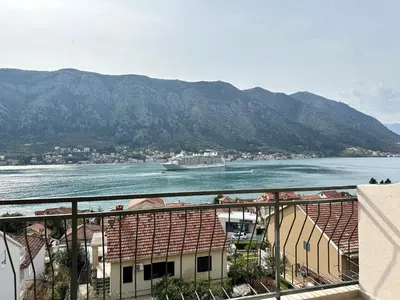 a cruise ship on the water with mountains in the background at Point of View in Kotor