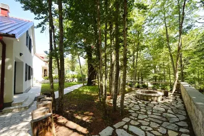 a garden with trees next to a building at Forest house in Cetinje