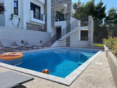 a swimming pool in front of a house at Villa Pine in Bar