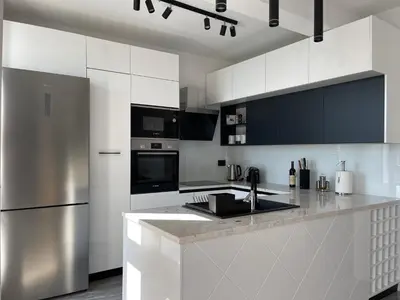 a kitchen with white cabinets and a stainless steel refrigerator at Villa Pine in Bar