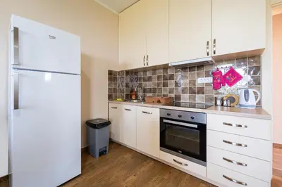 a kitchen with white cabinets and a white refrigerator at Villa Andrea 1 in Budva