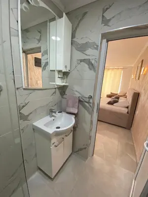 a bathroom with a sink and a shower and a bed at Apartments Stankovic & Boat tours in Virpazar