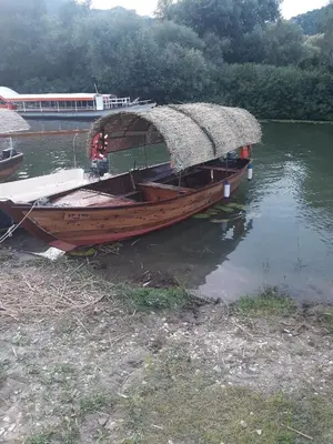 a boat with a straw roof on the water at Apartments Stankovic & Boat tours in Virpazar