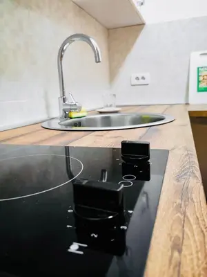 a kitchen counter top with a sink and a sink at Apartment Queen Milena in Budva