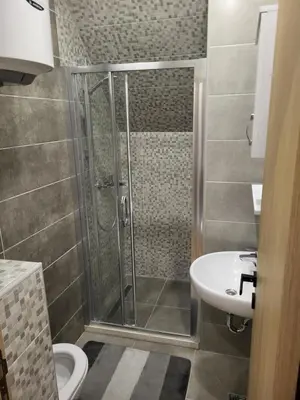 a bathroom with a shower and a toilet and a sink at Lux Apartmani Bajova in Cetinje