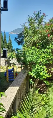 a stone bench next to a tree and the ocean at Guest house Ruzica in Sutomore