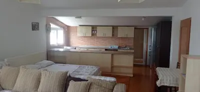 a living room with a bed and a kitchen at VuJo in Sutomore