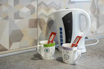 two coffee mugs and a tea kettle on a counter at Studio apartman Scardona in Kotor