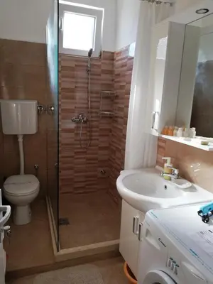 a bathroom with a shower and a toilet and a sink at Apartments Zec in Čanj