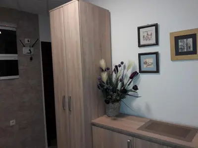 a vase of flowers sitting on top of a cabinet at Apartments Zec in Čanj
