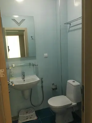 a bathroom with a sink and a toilet and a mirror at Аpartment 555 in Dobra Voda