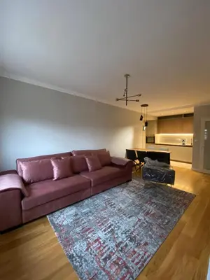 a living room with a purple couch and a rug at Apartman VT Central point in Podgorica