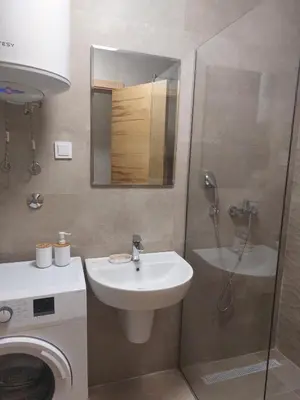 a bathroom with a shower and a sink and a washing machine at Becici stan in Budva