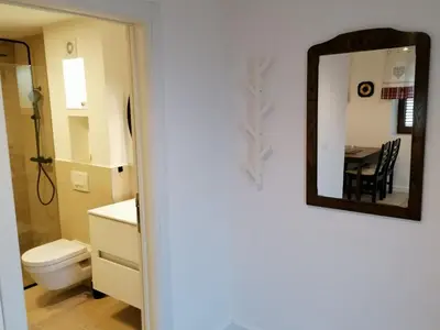 a bathroom with a toilet and a mirror on a wall at Apartment Centar in Buljarica