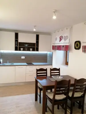 a kitchen and dining room with a table and chairs at Apartment Centar in Buljarica