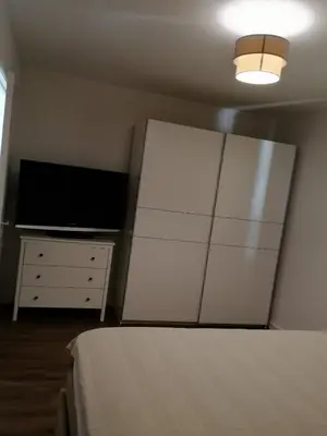 a bedroom with a bed and a tv and a dresser at Apartment Centar in Buljarica