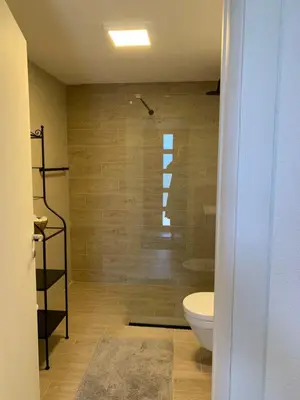 a bathroom with a shower and a toilet at Apartment Centar in Buljarica