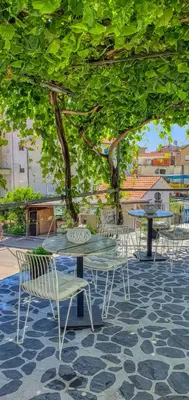 a table and chairs sitting under a tree at Apartmani Terminal in Budva