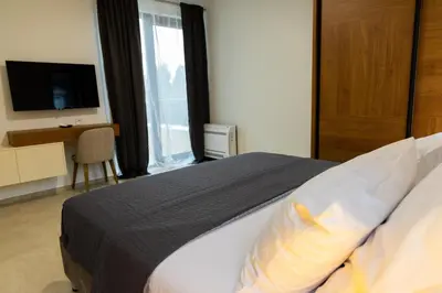 a bedroom with a bed with a television and a desk at Villa Forte Mare in Petrovac na Moru