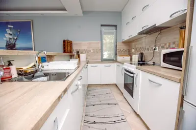 a kitchen with white cabinets and a sink and a microwave at Montana House Njeguši in Cetinje