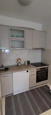 a small kitchen with white cabinets and a sink at Todor apartment in Bar