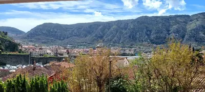 a view of a city with mountains in the background at Apartment Cattaro magico in Kotor