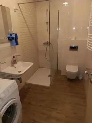 a bathroom with a shower and a sink and a toilet at Clarissa apartment City Kvart in Podgorica