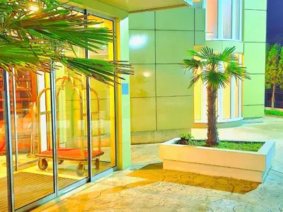 a building with a palm tree in front of a store at Titi Luxury&Spa in Ulcinj