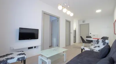a living room with a couch and a tv on a wall at Silver Beachfront Becici in Becici