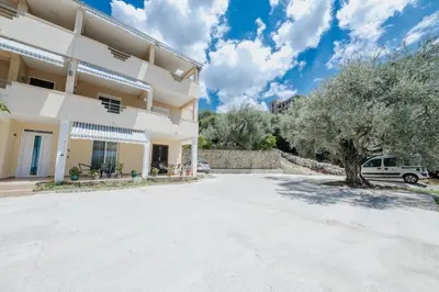 a large white building with a tree in the driveway at OLIVE GARDEN APARTMENT in Bar