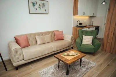 a living room with a couch and a green chair at Baia di Cattaro in Kotor