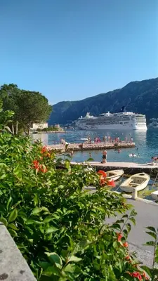 a cruise ship in the water near a beach at Apartments Radimir in Kotor