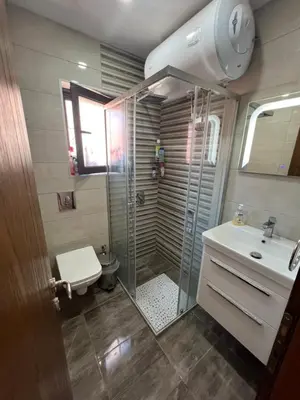 a bathroom with a shower and a toilet and a sink at City Heart Apartments in Ulcinj