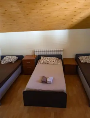 a small bedroom with two beds and a wooden ceiling at Vila Natalija in Podgorica