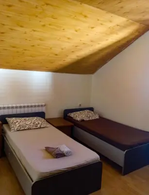 two beds in a room with a wooden ceiling at Villa Natalija in Podgorica