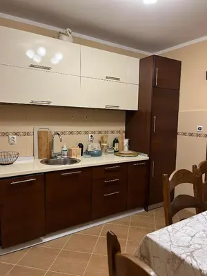 a kitchen with brown cabinets and a sink at Apartman Nina in Kotor